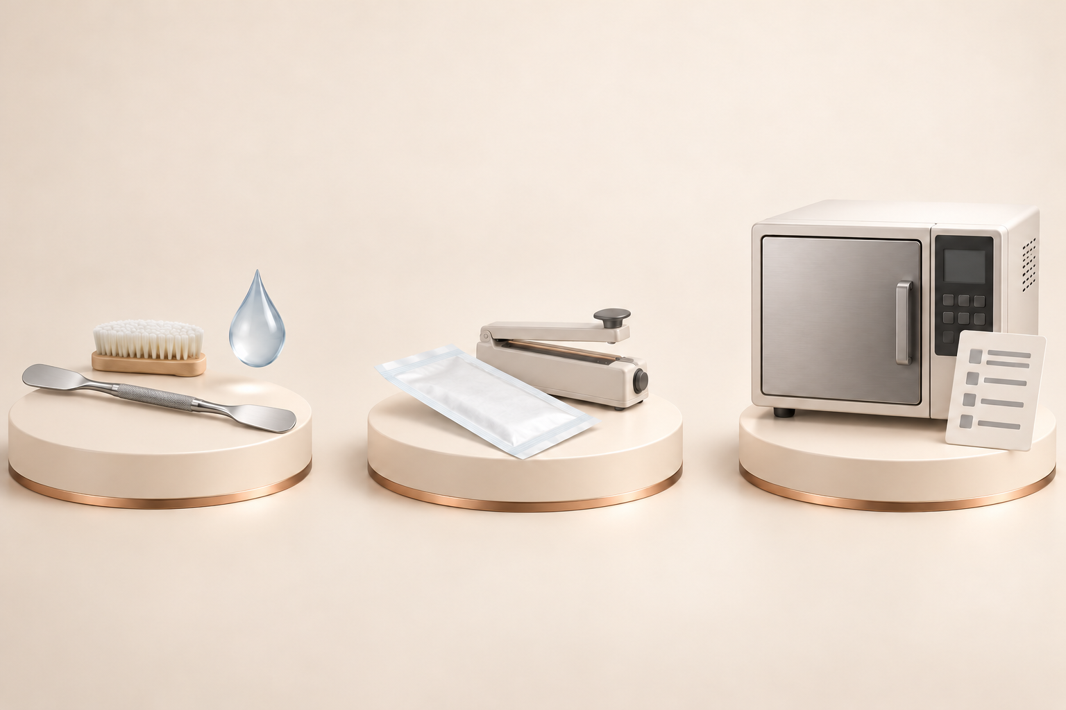 Conceptual 3D still life separating instrument cleaning, sealed packaging and a closed processing unit.